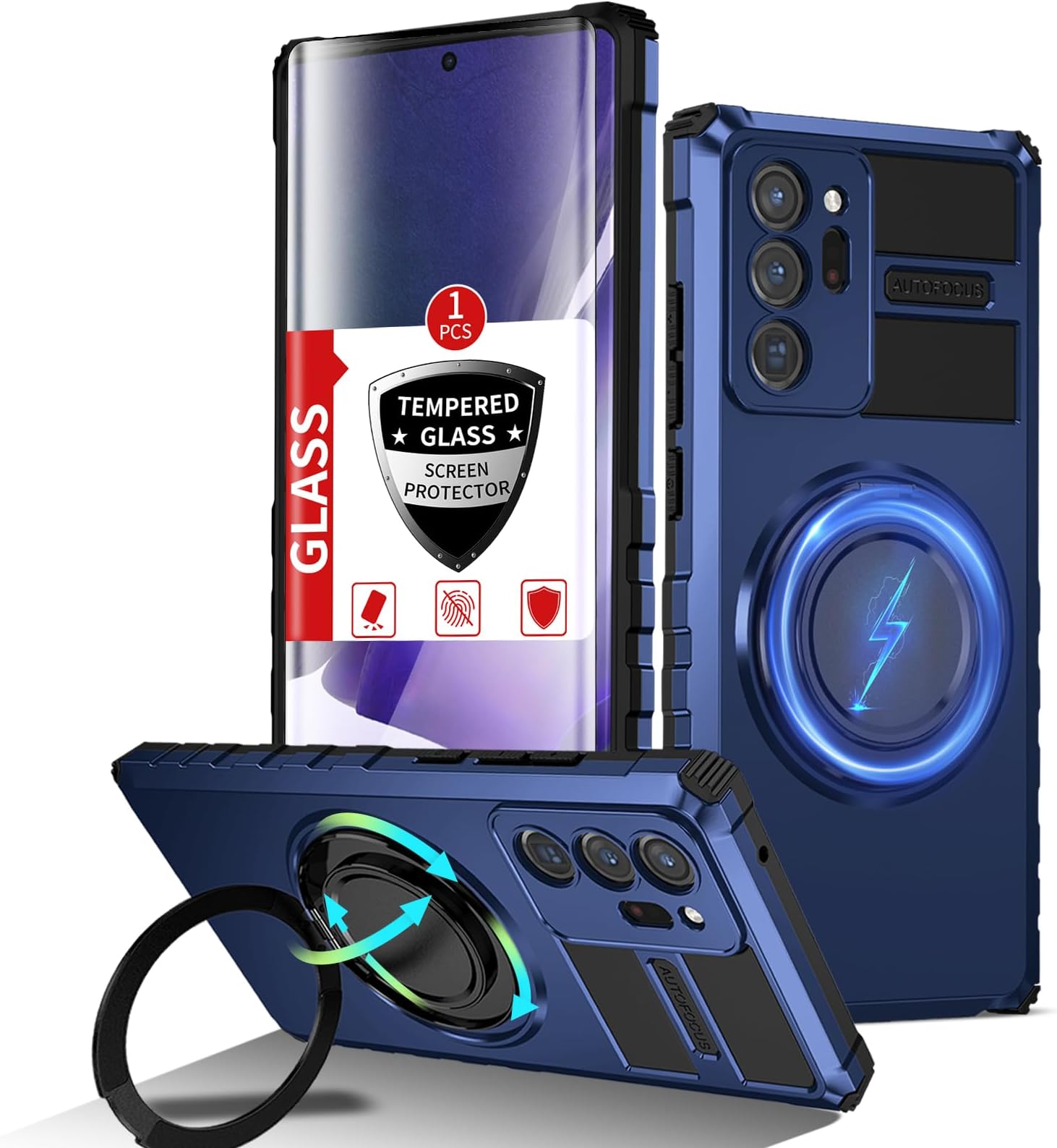 for Samsung Galaxy Note 20 Ultra Case Compatible Wireless Charging Magnetic,with Screen Protector,for Note 20Ultra Case with 360°Stand Ring Military Grade Shockproof Heavy Duty Protection Blue