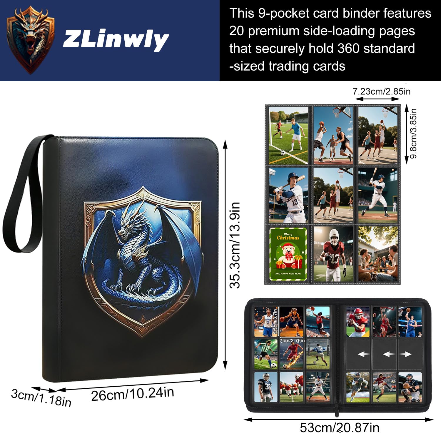 Carpeta de tarjetas coleccionables de 9 bolsillos, soportes para tarjetas deportivas de baloncesto, álbumes de tarjetas coleccionables de 360 grados con asa, 20 páginas de carga lateral, carpeta con
