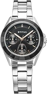 Titan Glamour Quartz Multifunction Black Dial Silver Stainless Steel Strap Watch for Women