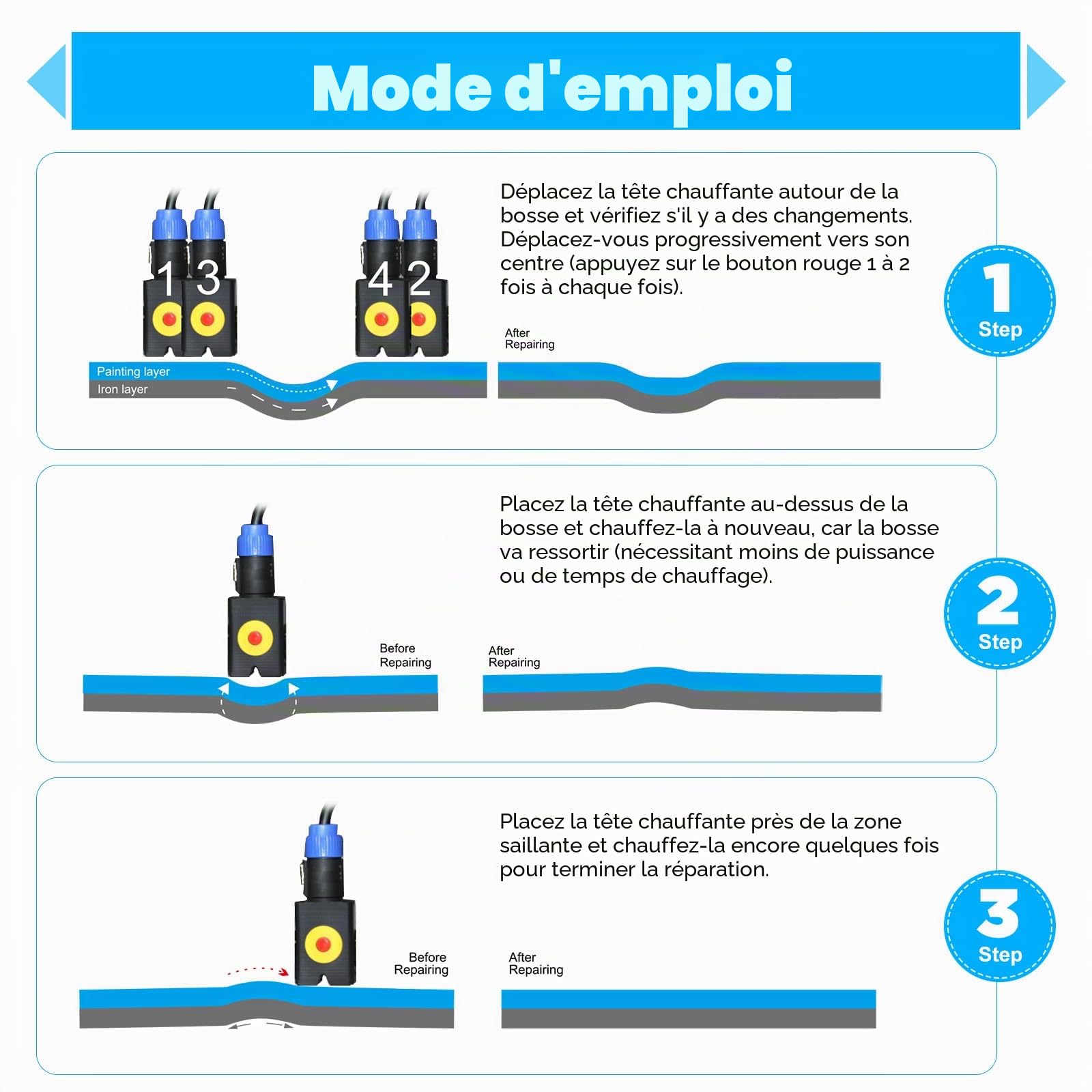 Chauffage à induction, kit de réparation Pro, outil de débosselage avec 6 embouts, technologie mobile sans bosses pour carrosserie/pare-chocs, pistolet thermique inclus