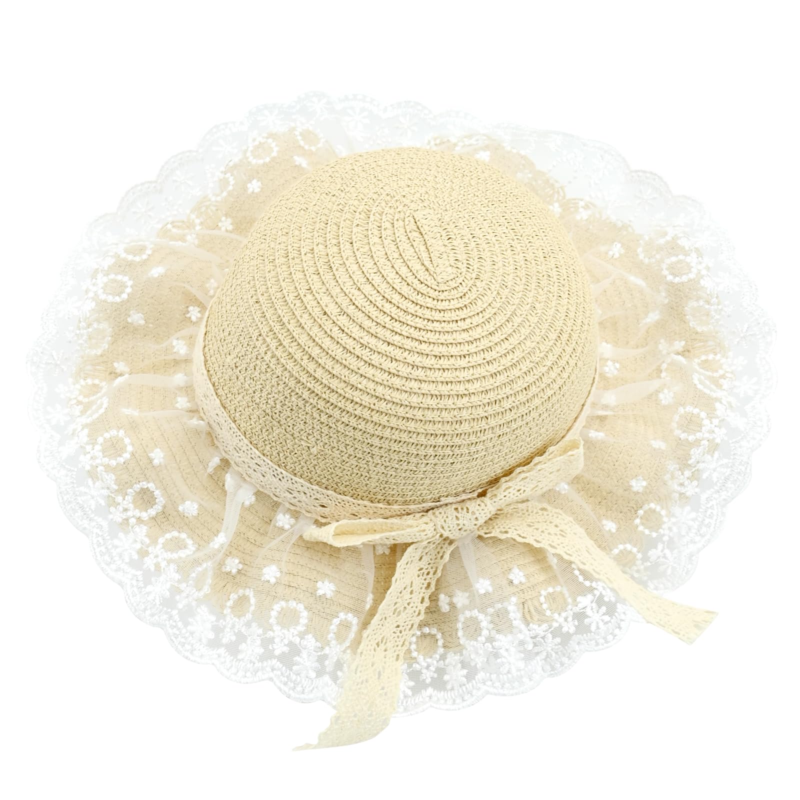 Copbopwn Sombrero de Paja para Niños,Sombrero de Sol para Niños,Sombrero de Sol de Encaje para Niñas,Plegable de ala Ancha Bowknot Protección Solar Visera Sombreros para Niños de 4 a 9 Años