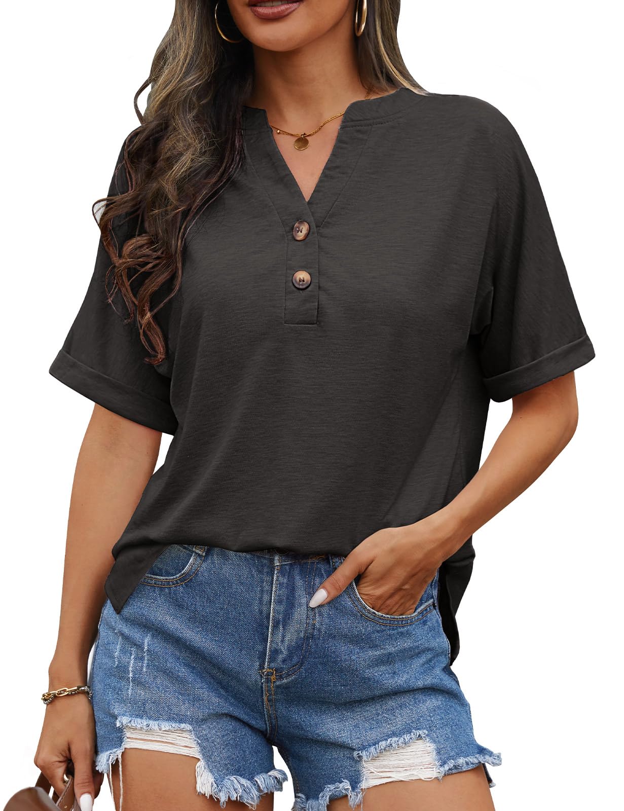 Niwicee Camiseta Mujer Manga Corta Cuello V Sólido Mangas enrolladas Camisa Camisetas Casuales Verano Básico Tops con Botones S-XXL