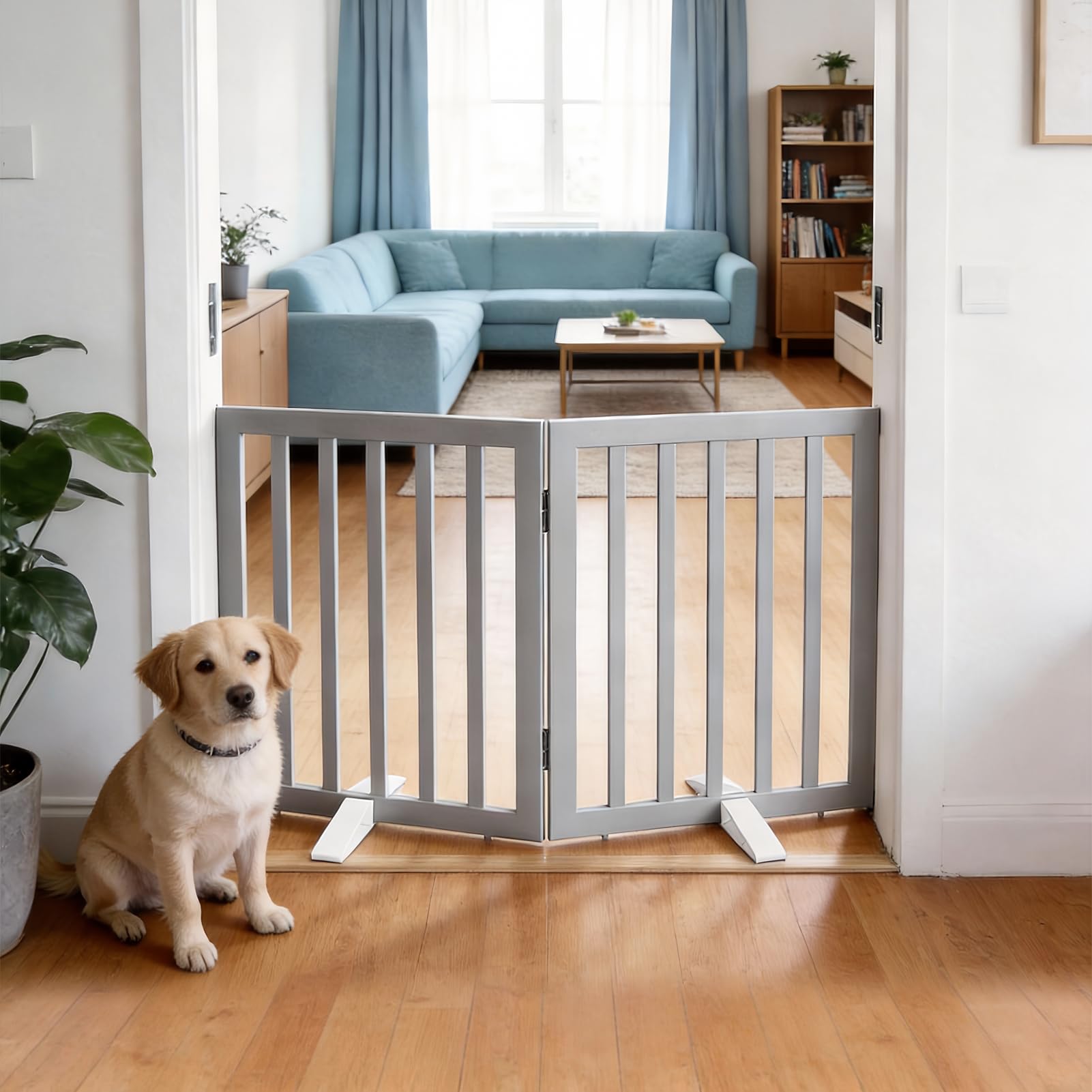 SFJC Dog Gate Indoor, Freestanding Dog Fence for The House, Doorways, Hallways,or Stairs,Pet Gate Foldable Wooden,Expandable 24" Height 2 Panels,Grey — image 1
