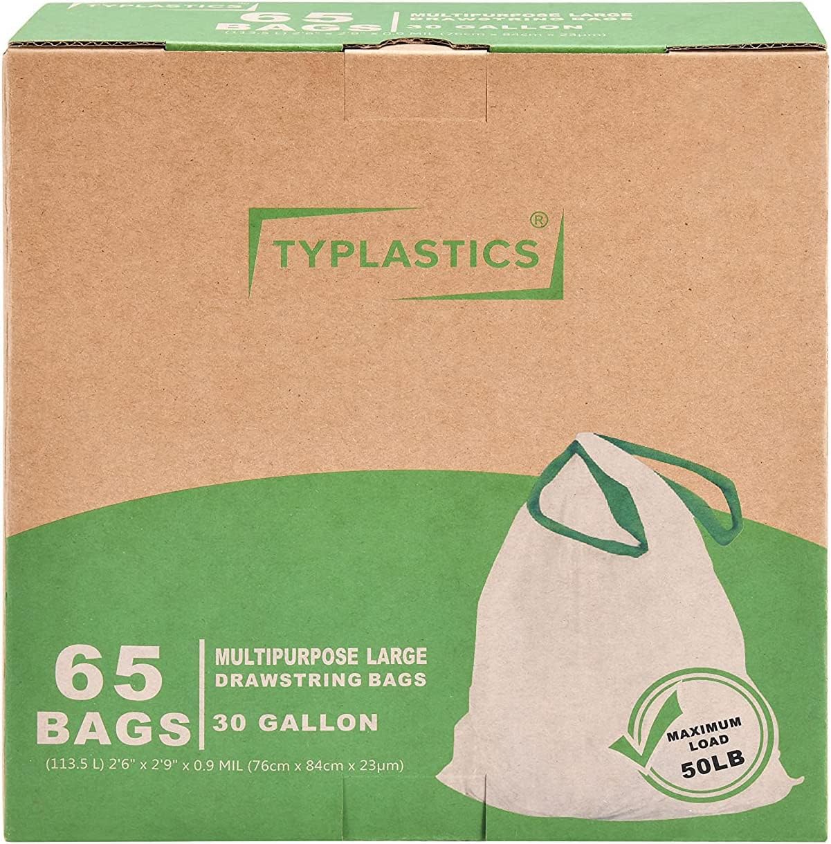 TYPLASTICS Drawstring Trash Bags, 30 Gallon Multipurposes Heavy Duty Garbage Bags, 65 Count