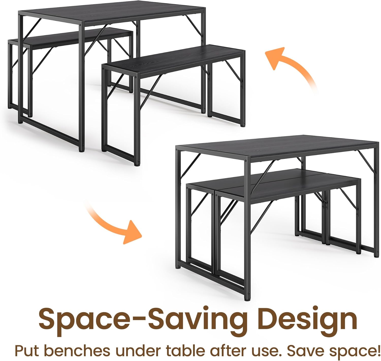 Illustration demonstrating the space-saving design of the dining set, with benches sliding completely under the table.