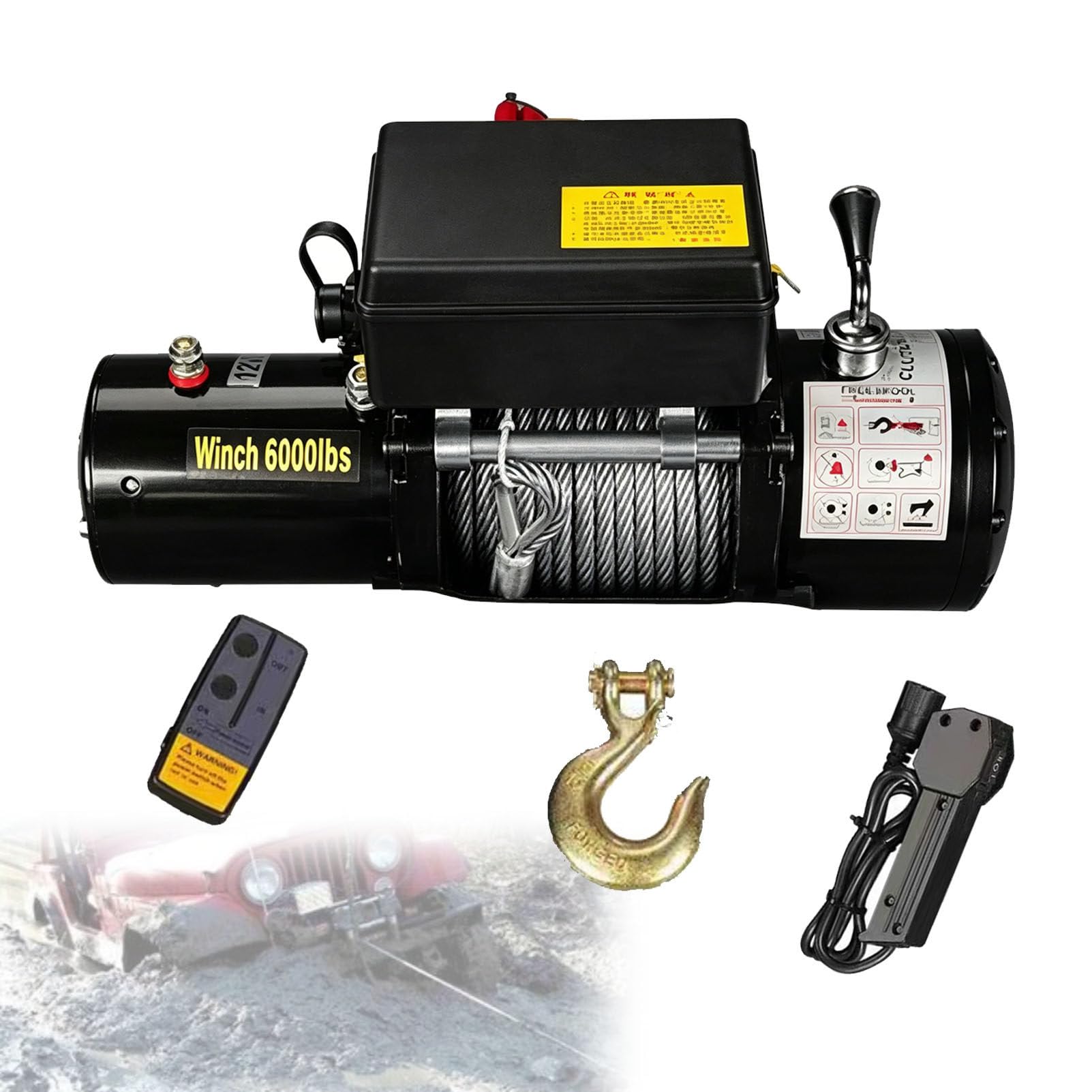 Zowdrix Wireless Remote Control Electric Winch 4500lbs, Steel Rope Winch with Handheld Controller, Heavy Duty Towing Recovery for 4WD Off-Road Truck Boat Trailer 12V-6000lbs