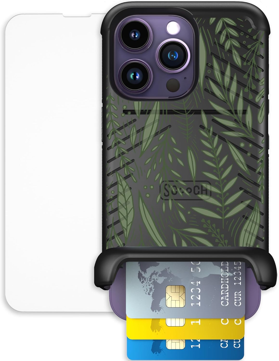 Scooch for iPhone 14 Pro Case with Card Holder, Wingmate Wallet Case with Hidden Card Slot and RFID Protection, Bundled with Tempered Glass Screen Protector, Willow Garden