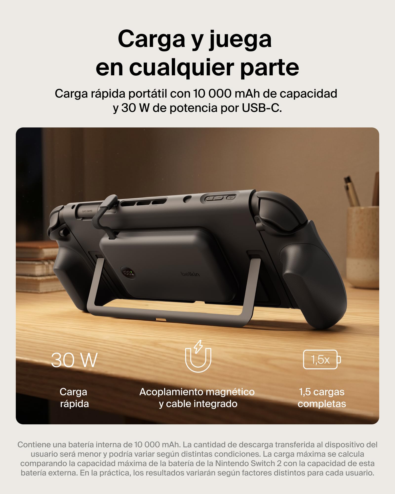 Belkin Gaming Agarres con Batería Externa 10000mAh Nintendo Switch 2 -Negro | Power Bank Magnético Extraíble 10000 mAh, 30W, Compatible con el Soporte, Empuñaduras Ergonómicas Antideslizantes y Pantalla