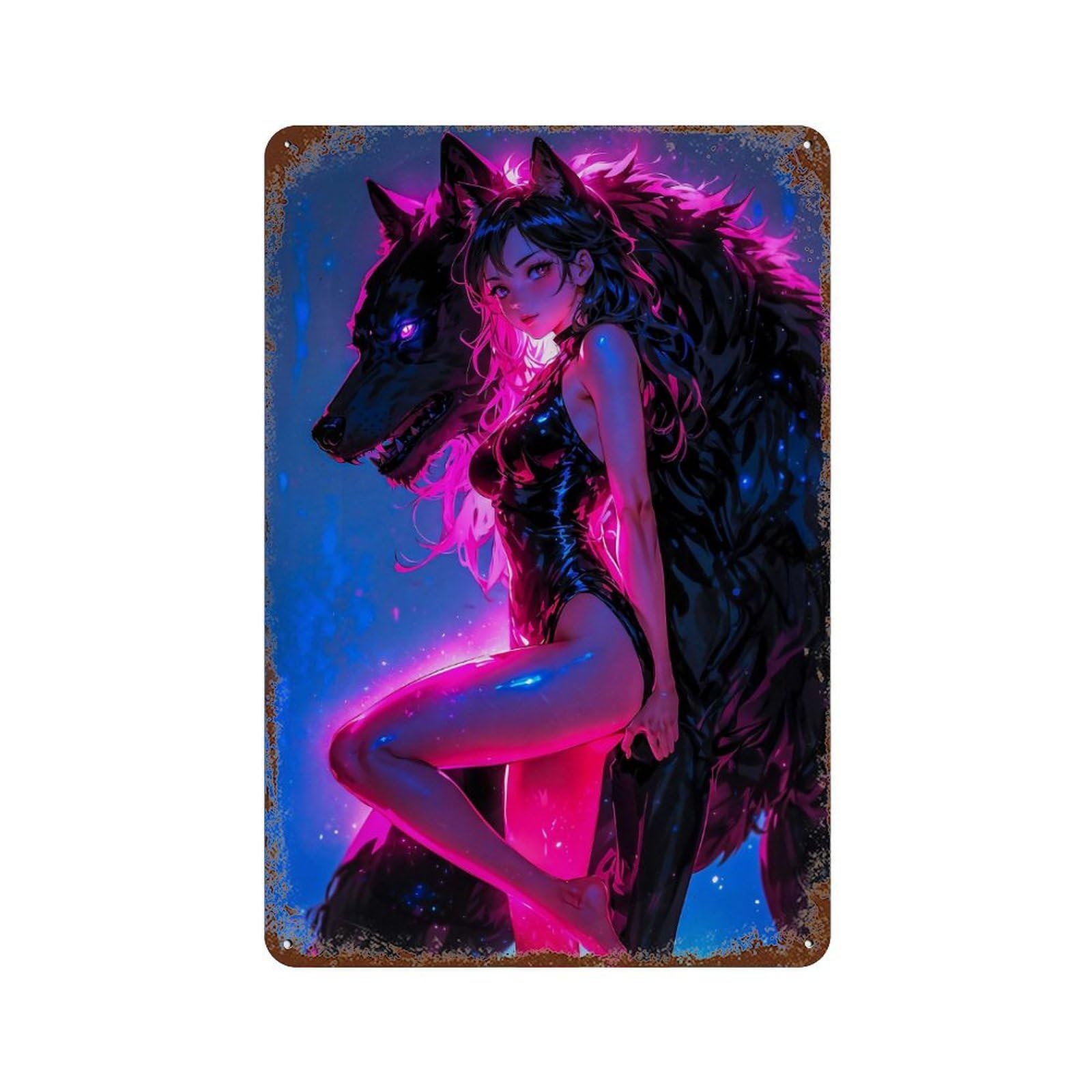 Distressed Metal Wall Sign Girl with Her Wolf 11.8"x7.9", Rustic Home Decor for Farmhouse, Kitchen And Entryway Decor