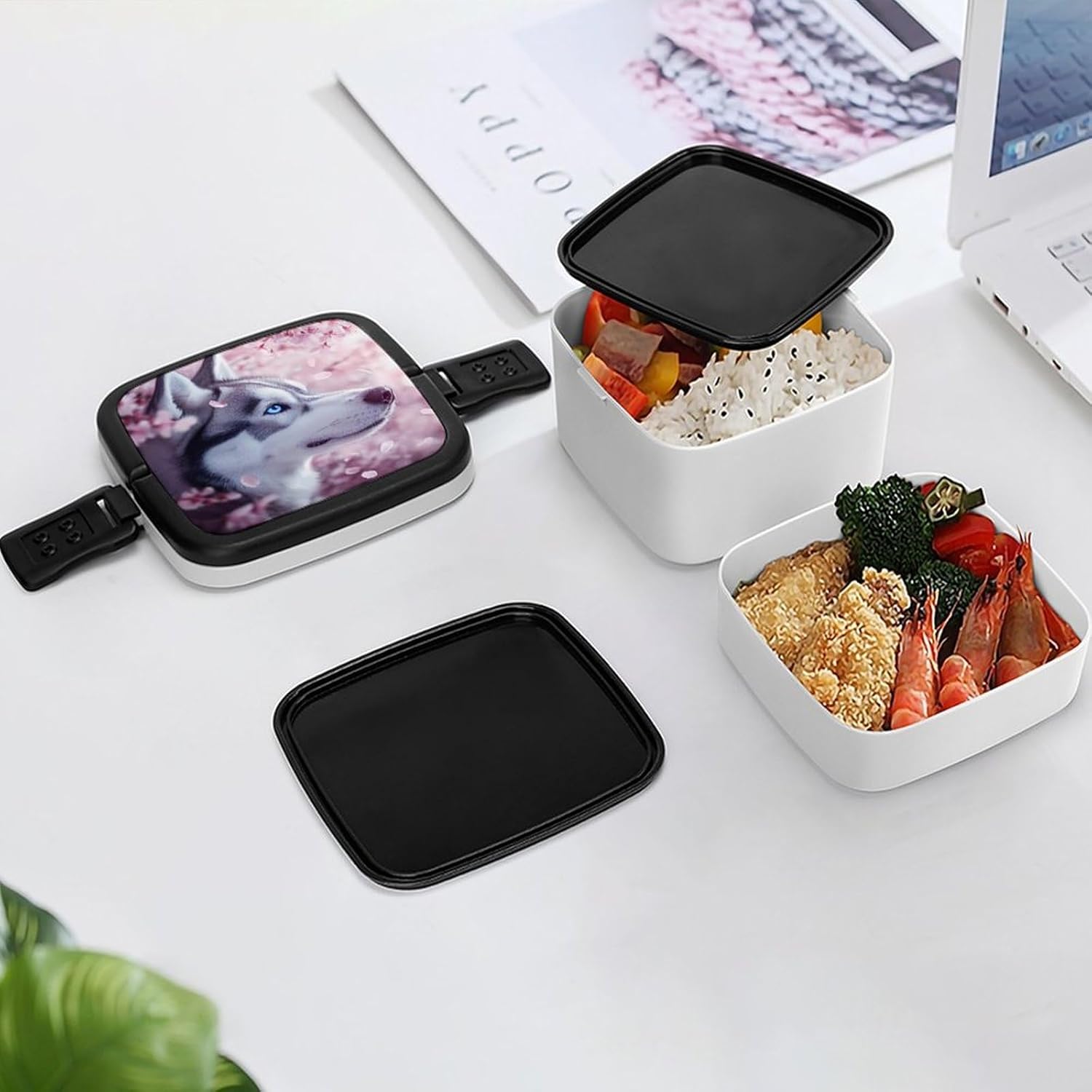 Cute Dog Husky Bento Box with Spoon 2 Layer Food Container Cute Lunch Box for Travel Dining Work