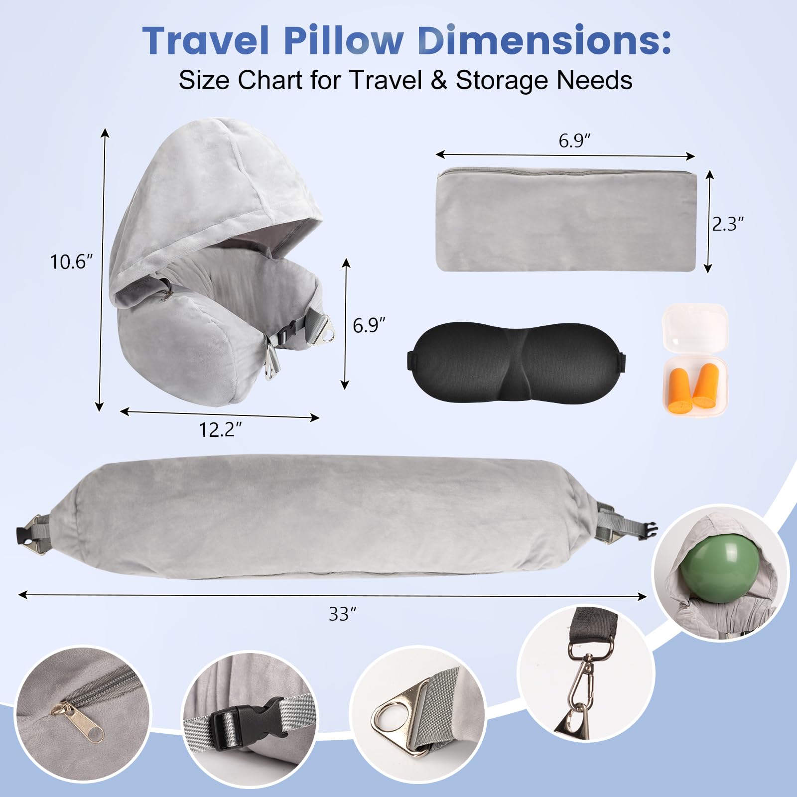 DreamShore Almohada de cuello rellenable para viajes con capucha, almohada de viaje de terciopelo ajustable con tapones para los oídos y máscara de ojos, almohada de cuello de viaje definitiva para