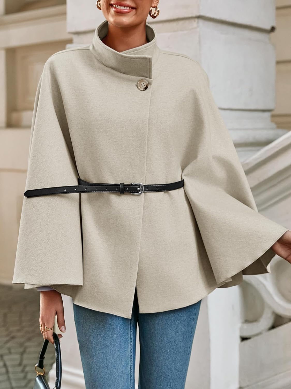 Womens Poncho Pea Coats Batwing Sleeve Stand Collar Belt Jacket Top Casual Elegant Fall Winter Cape Coat - Image 3