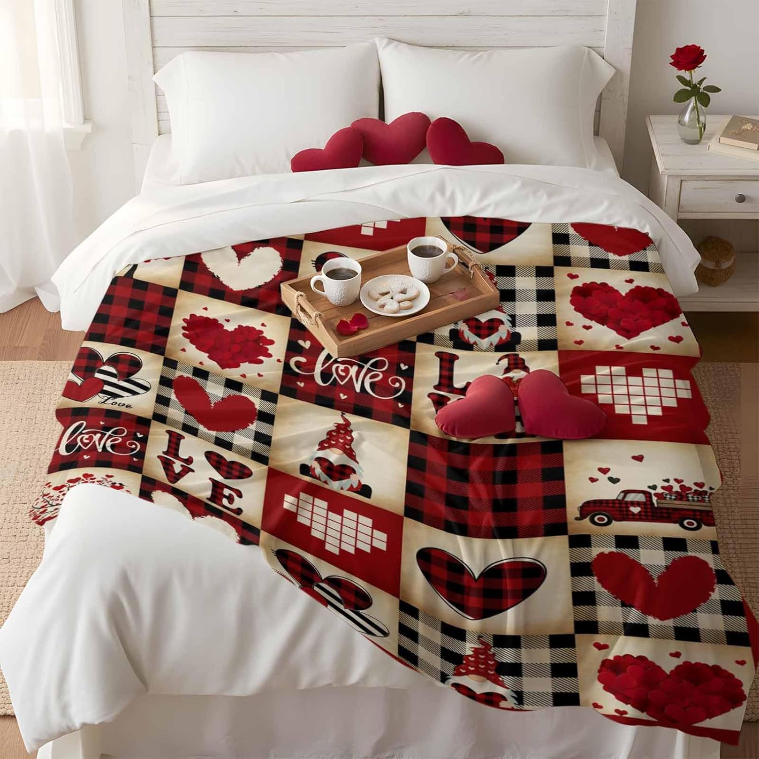 Vintage Buffalo Plaid Flannel Fleece Blankets,Valentines Romantic Gnome Love Luxury Comfort Soft Throw Blanket Mother's Day Retro Heart Checkered Cozy Warm Bed Throws for Sofa Couch Chair 60x80In