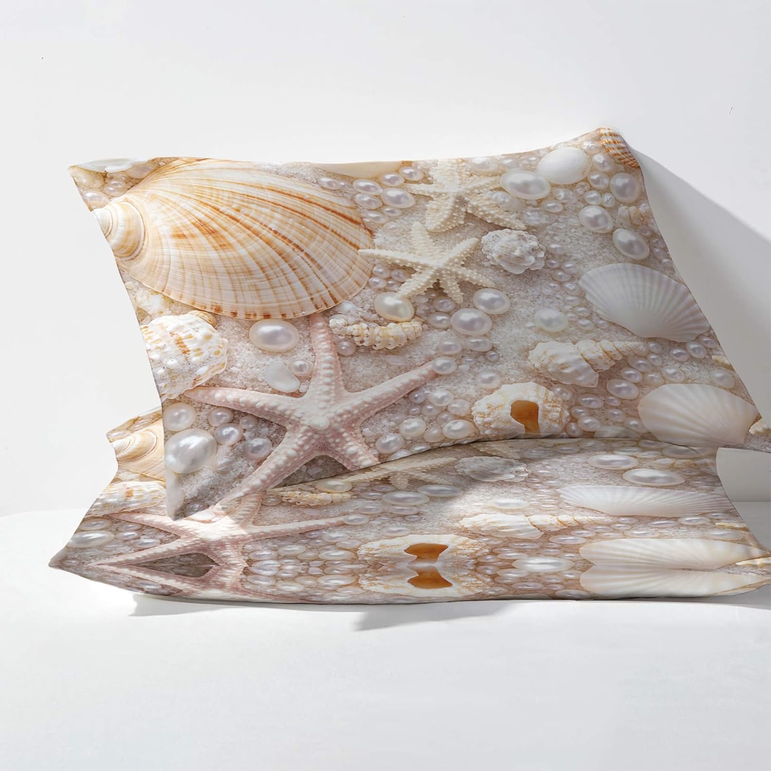 Starfish Shell Pillowcase for Room Decor & Gift, Coastal Pillow Cases Queen Size Set of 2, Beach Printed Bed Pillow Covers with Zipper, Cozy Microfiber