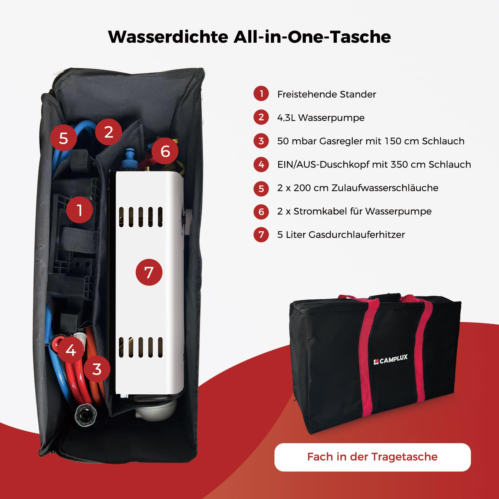 CAMPLUX 5 Liter Gasdurchlauferhitzer mit Stütz & Wasserpumpe, LPG, 50mbar, für Campingdusche/Wohnmobilausflug, AY132Max-DE mit Tragetasche