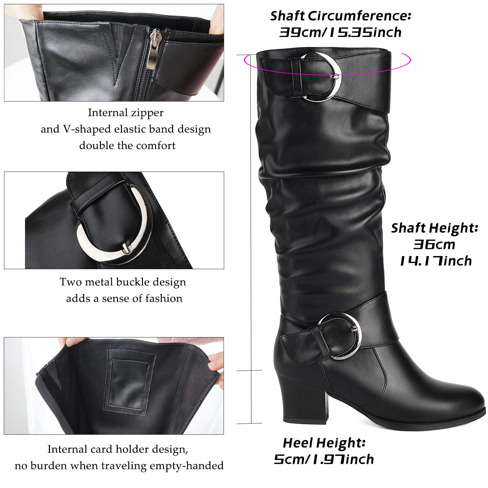 Damen Weiter Schaft Knielange Schlaffer Schaft Stiefel Runde Spitze Schnallenriemen Reitstiefel Block Mittelhoher Absatz Knielange Stiefel Seitenreißverschluss