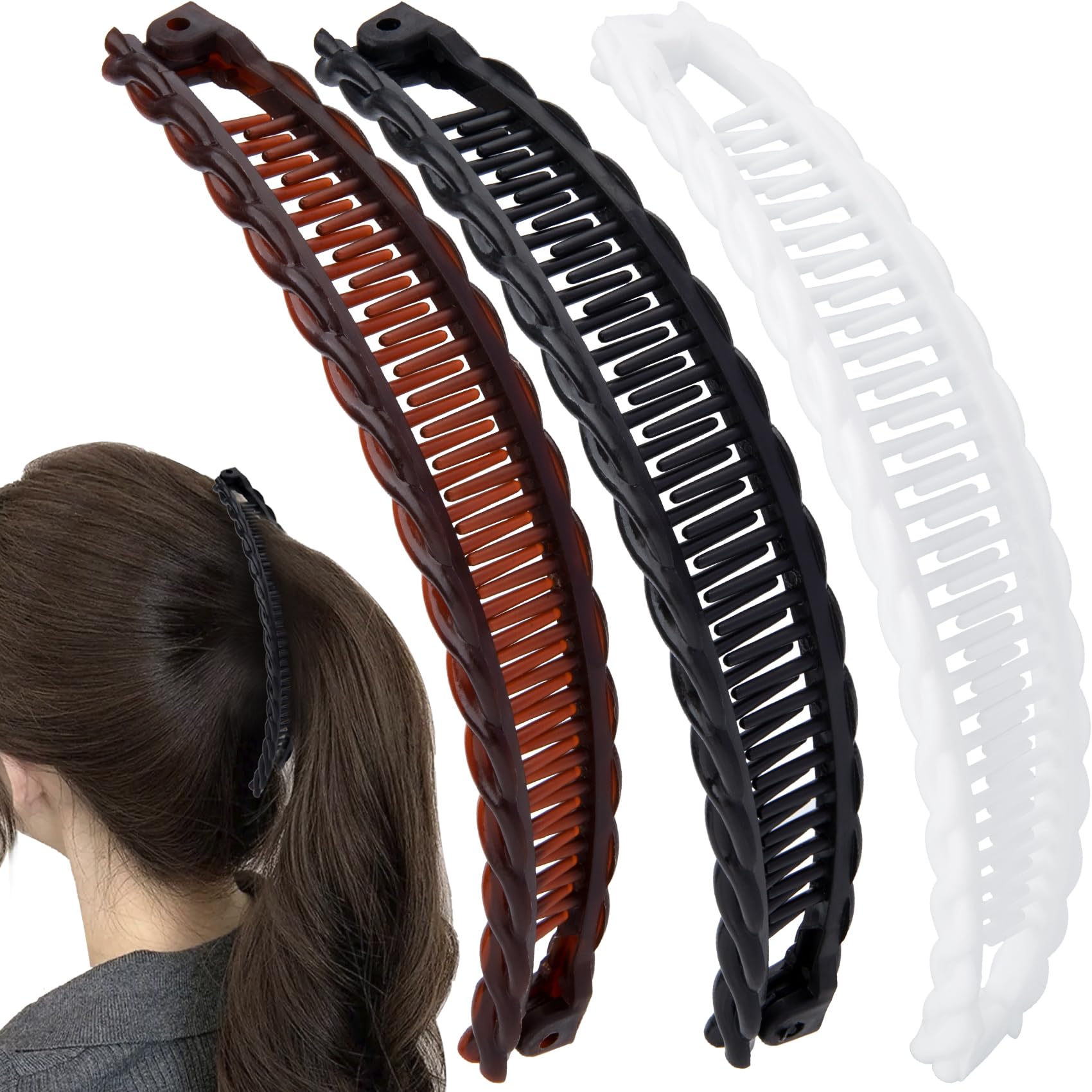 Deozu 3 Pcs Banana Hair Clips, Classic Double Combs Large Banana Clip, Non-Slip Hair Claw Clips, Big Hair Accessories for Women (Black+White+Brown)