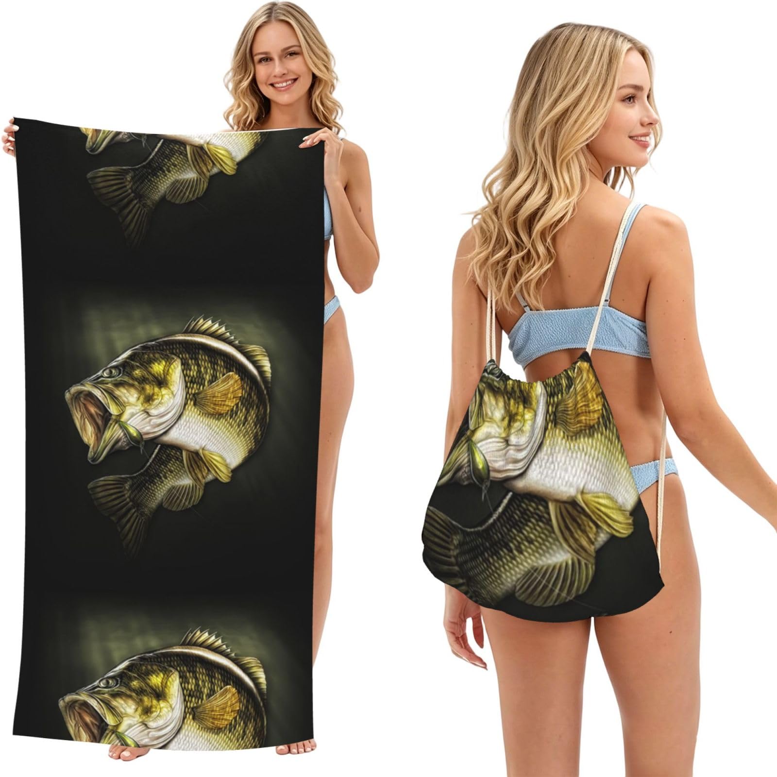 Poadnly As Picture Fish Pattern, 2 In 1 Packable Towel Bag, Beach Towels With Drawstring Backpack For Travel Holiday Camping
