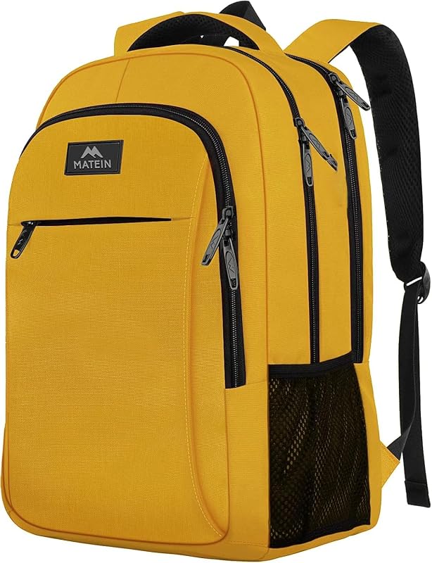 MATEIN Mochila amarilla de viaje para computadora portátil, mochila para estudiantes de computadora de 15,6 pulgadas | Mochila universitaria antirrobo, resistente al agua, transpirable, ligera y resistente, bolsa para llevar artículos personales, regalos para mujeres y hombres