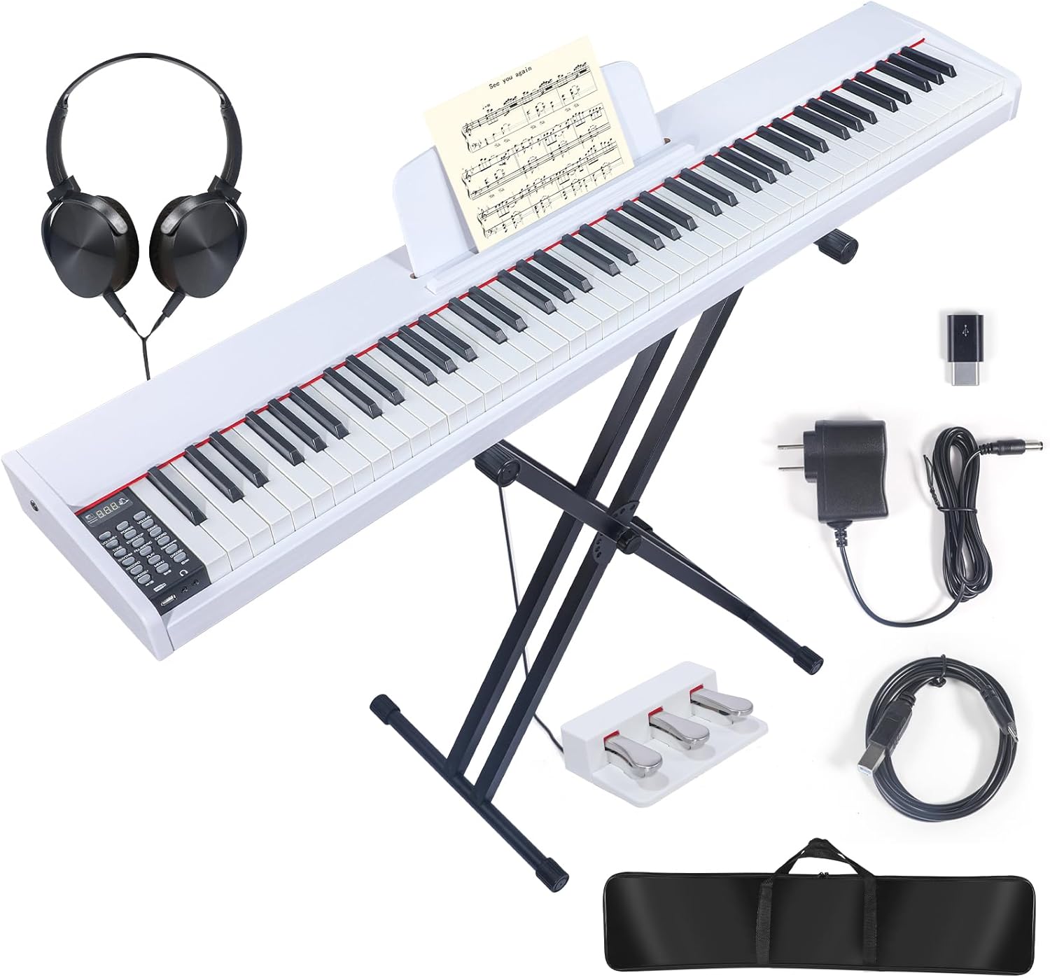 88 Key Digital Piano Keyboard,88 Key Full Size Weighted Hammer Action Electric Keyboard Piano with 200 Rhythms,200 Tones, Piano Keyboard with Stand, TriplePedal,Headphone, Carrying Bag White