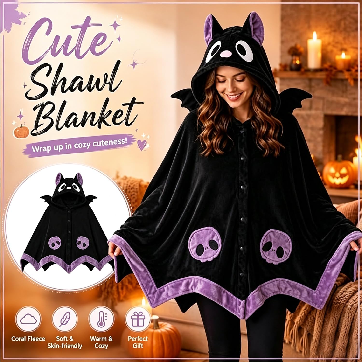 Adorabile felpa con cappuccio a forma di pipistrello per Halloween, con orecchie e ali in 3D