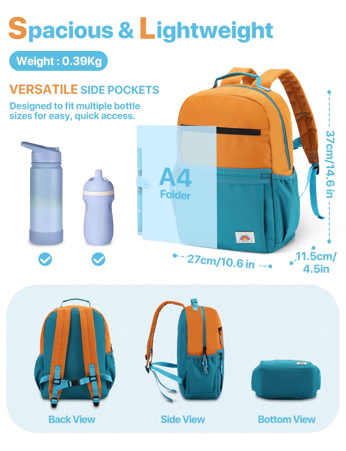 VASCHY Cartable Fille Garçon Primaire, Léger Sac à Dos Enfant 4 à 7 Ans pour Dossier A4 Multi-poches Résistant à l'Eau Bloc de Couleurs Sac d'École pour Scolaire Maternelle Voyage Vert Orange
