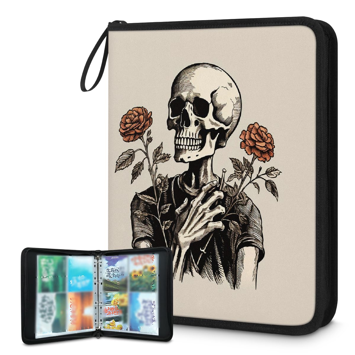 Carpeta de tarjetas coleccionables con 4 bolsillos, diseño de calavera y rosa, álbum de tarjetas con fundas extraíbles, impermeable, con cremallera, capacidad para 50 páginas y 400 tarjetas