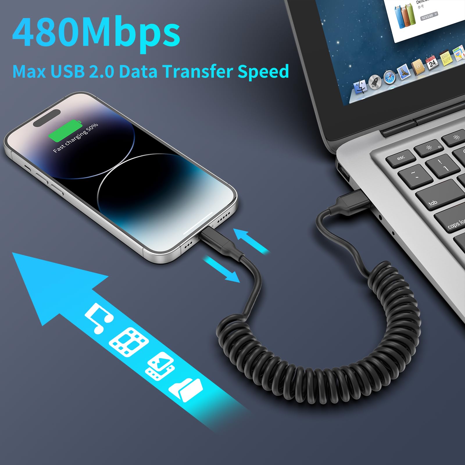 Cavo a spirale MFi da USB A a Lightning, 2 pezzi, cavo CarPlay iPhone 14, 13, 12, 11