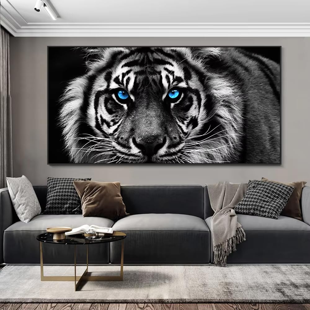 UUDEZO Duży druk na płótnie, czarno-biały obraz głowa tygrysa nowoczesny plakat ścienny zwierzę obraz artystyczny do wystroju domu (60x120 cm, 24x47 cali)