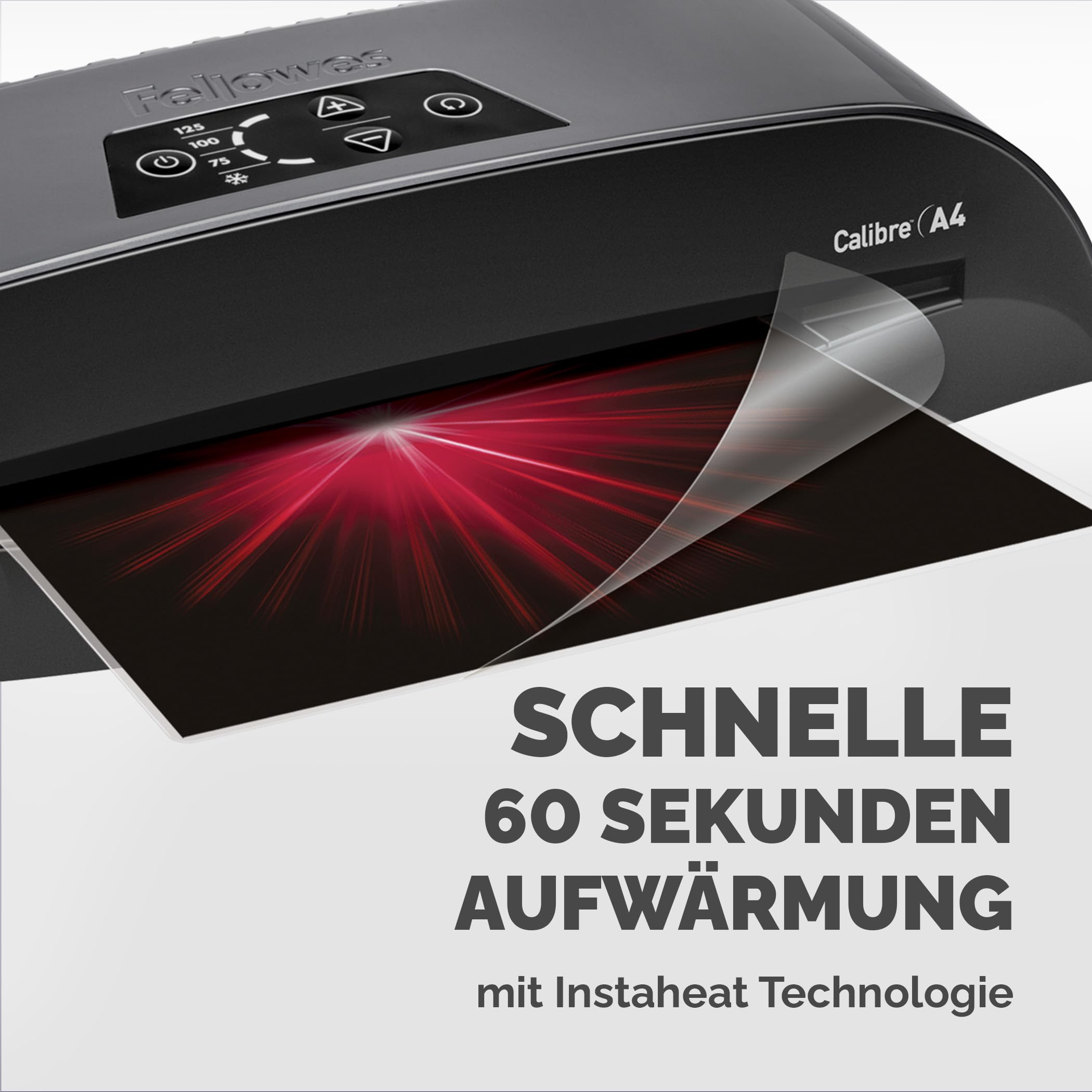 Fellowes Calibre A4 Laminiergerät für 80-125 Micron Folien, 60 Sek. Aufwärmzeit, staufreies Laminieren, inkl. 10 gratis A4 Folien, schwarz/grau