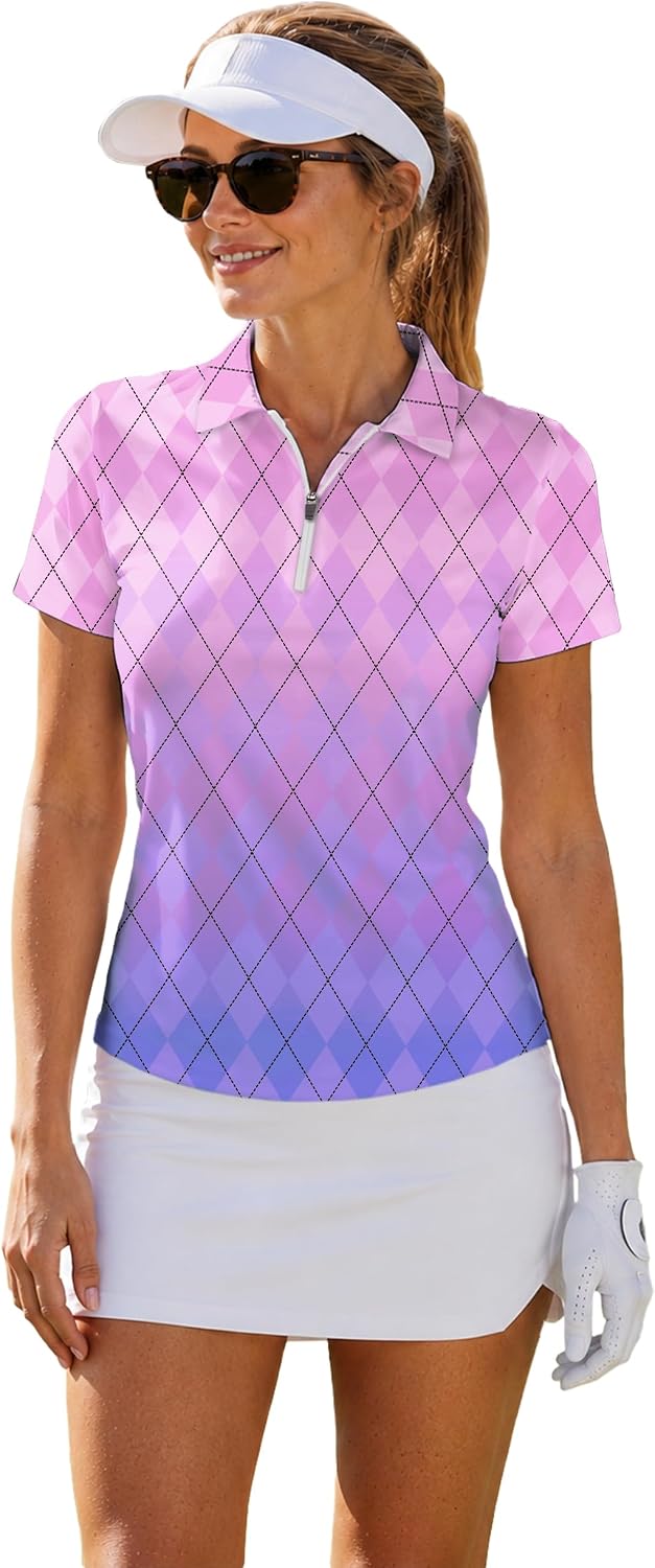 AOBUTE Women's Short Sleeve Golf Shirts Gradient 1/4 Zip Tennis Shirt