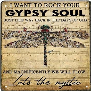 Tin Sign Vintage Wall Poster Retro Metal Dragonfly Hippie Life Style Gifts I Want to Rock Your Gypsy Soul Wall Art Poster Music Bar Club Mens Cave Art Decor Wall Poster Gift - 12x12 Inch