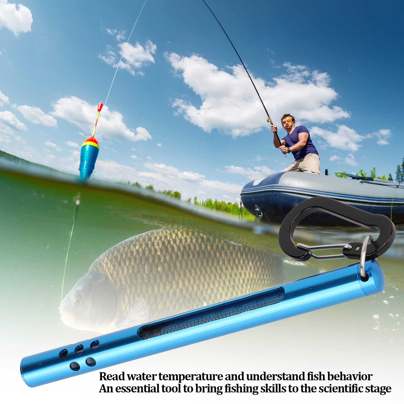 Termómetro de agua para pesca con mosca con mosquetón para medir la temperatura de la corriente, herramienta de pesca de bolsillo (Azul)
