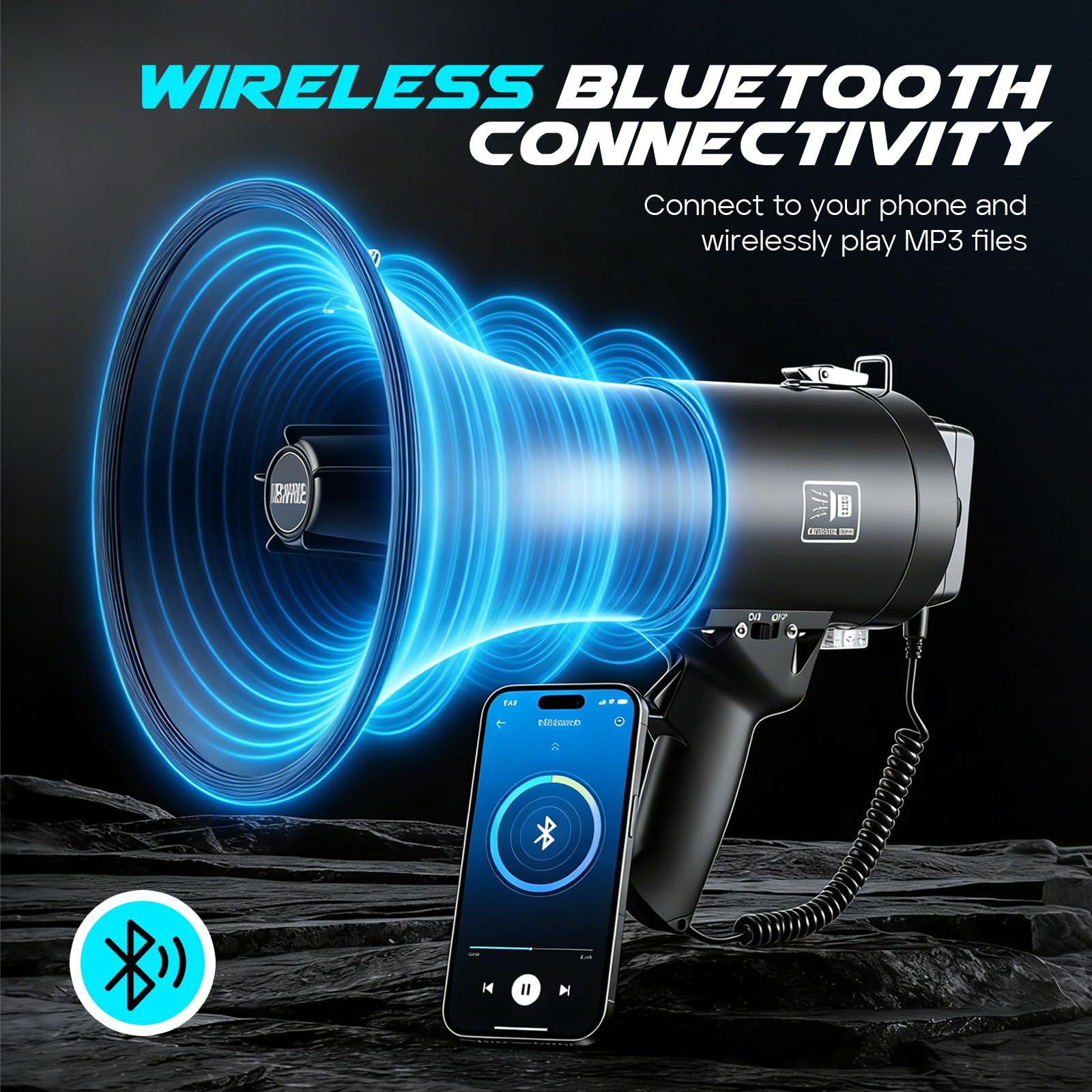 Mégaphone 150 W avec Bluetooth et fonction d'enregistrement – Mégaphone avec sirène et microphone, portée jusqu'à 2000 m, haut-parleur stéréo à 360 °, lecture USB, 3 types d'alimentation