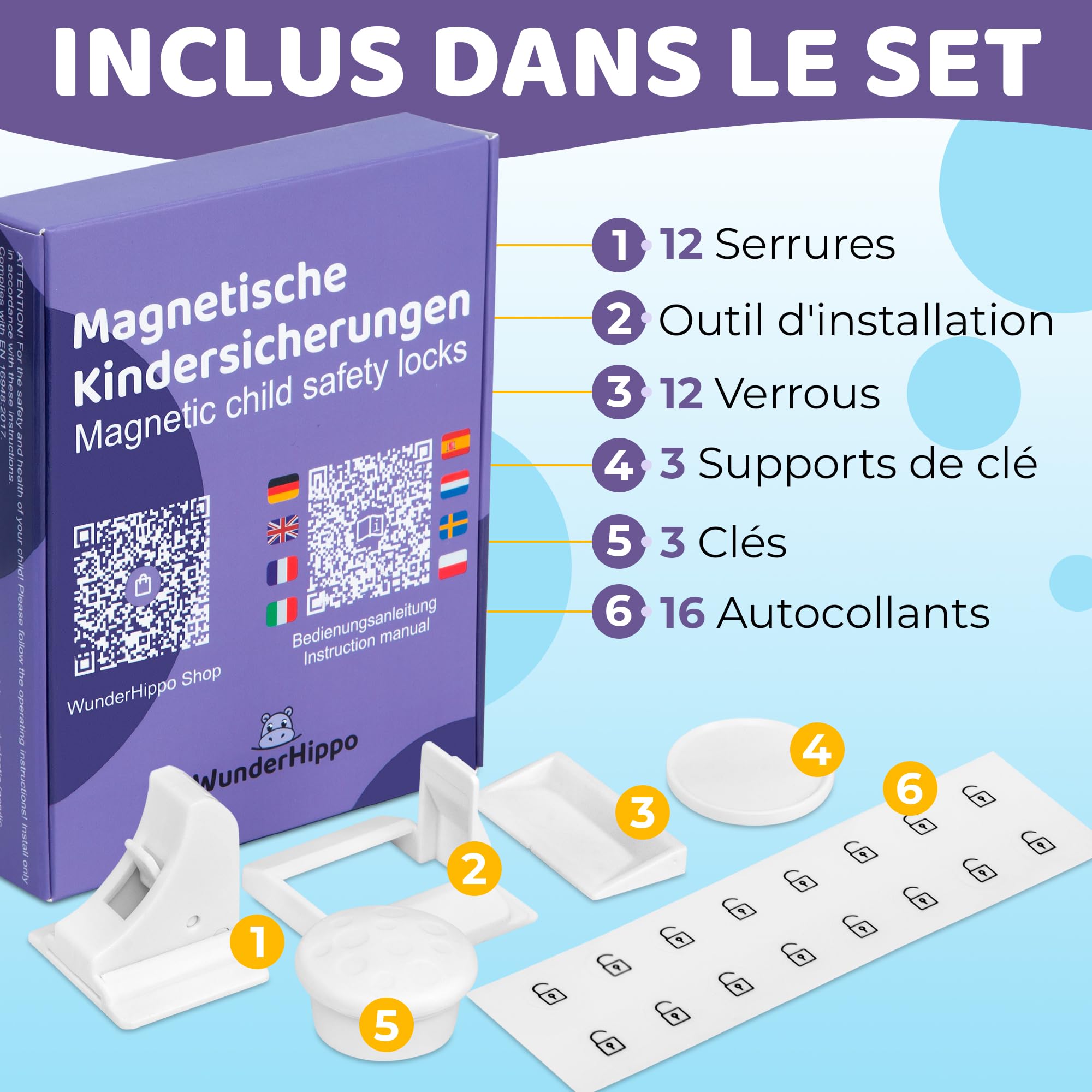 Serrure Magnétique Invisible pour Sécurité Enfant – 12 Verrous & 3 Clés – Blocage Sans Perçage – Protection pour Placards, Portes & Tiroirs – Blanc