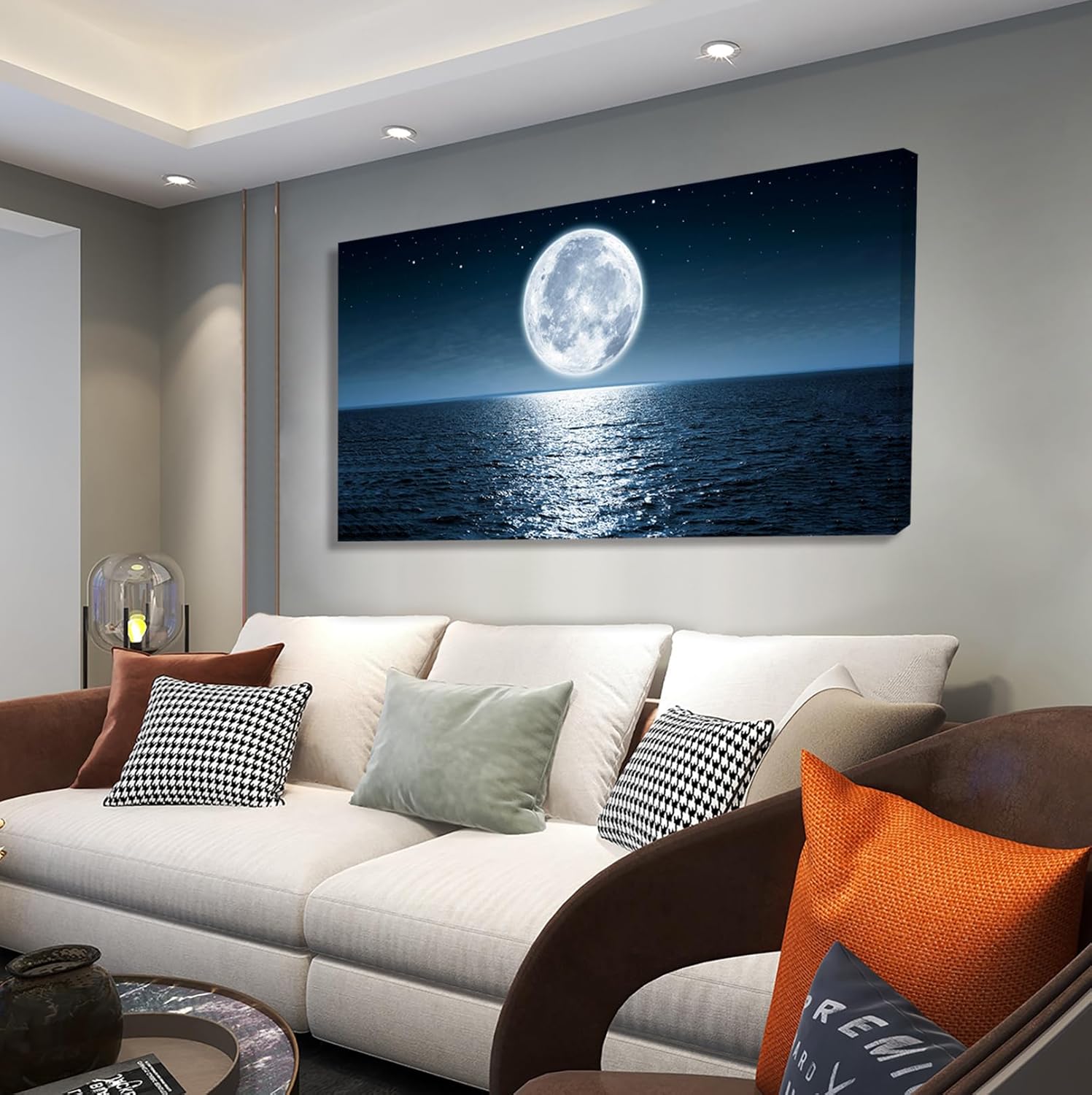 Aibonnly Wall Art Canvas Print Moon Sea Ocean Landscape 1 Panels Full moon Picture Painting Framed and Stretched Ready to Hang for Living Room Bedroom Office Home Decor Artwork 20x40inch - Image 4