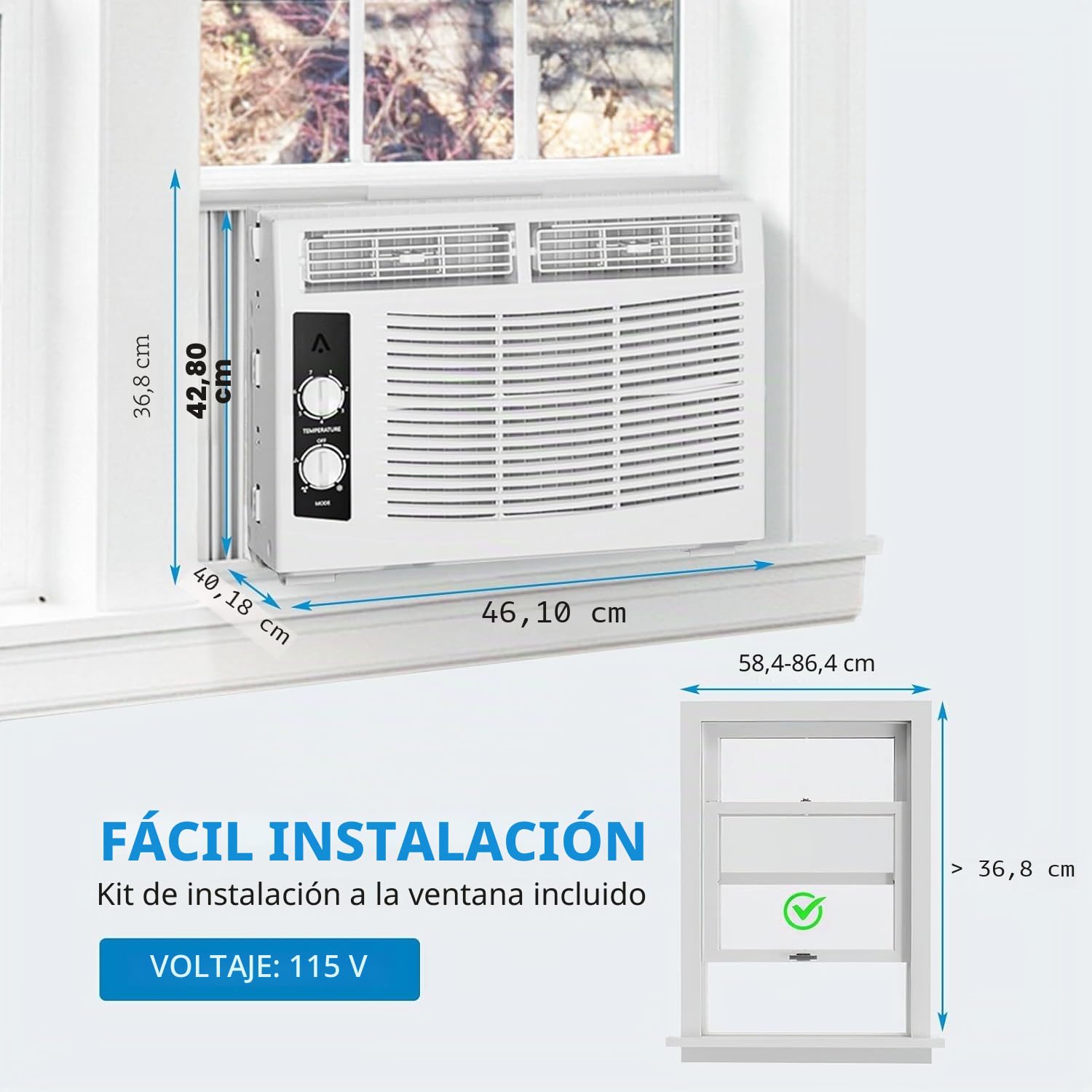 Aire Acondicionado de Ventana Inteligente de 6000 BTU con WiFi, Control Remoto y aplicación, función de Temporizador y Kit de fácil instalación para Habitaciones de hasta 350