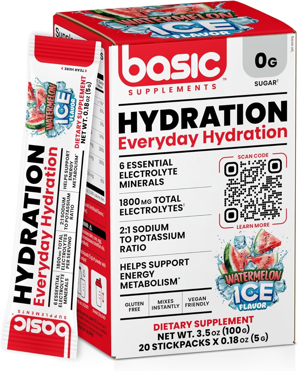 Basic Hydration Electrolyte Drink Mix, 1800mg Total Electrolytes, 6 Essential Minerals, 2:1 Sodium Potassium Ratio, 0 Sugar, Vegan & Gluten Free, 20 StickPacks