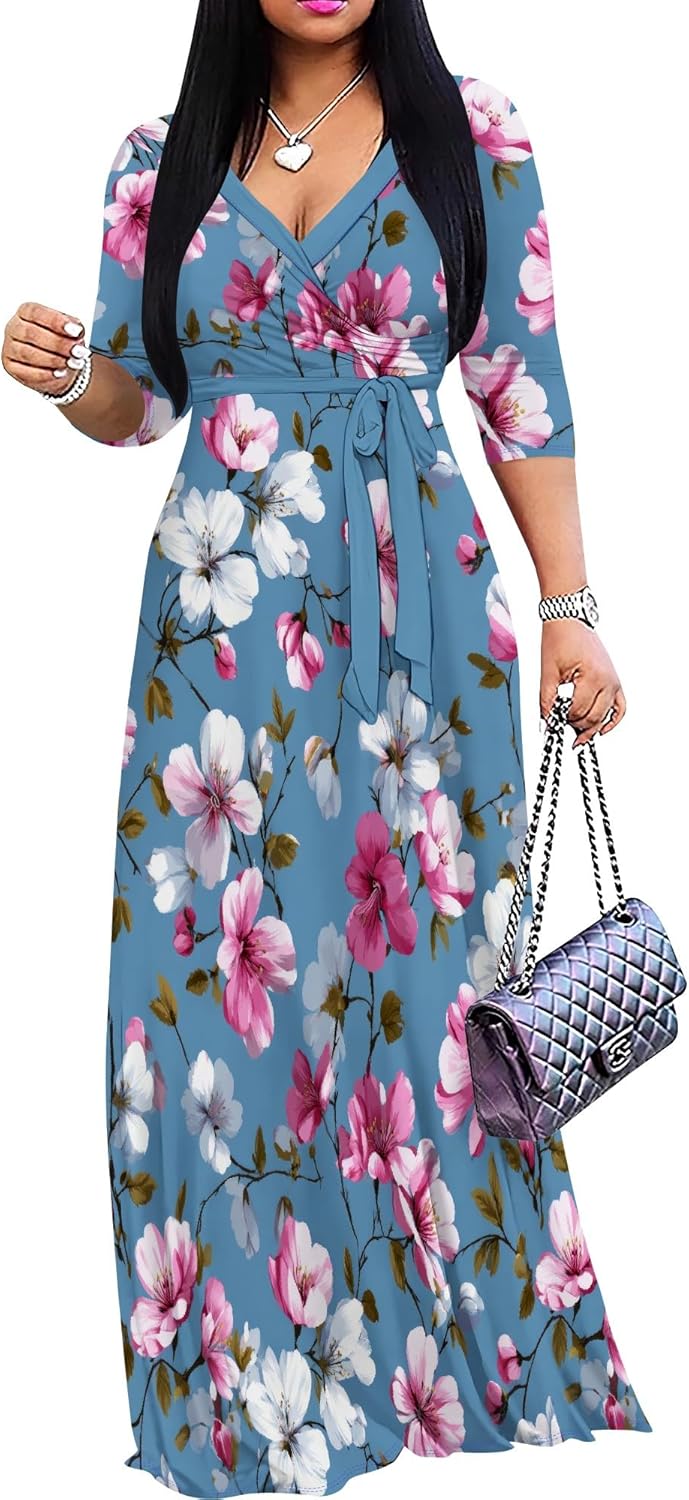 Women's Plus Size Maxi Dress with Pockets - V Neck 3/4 Sleeve Wrap Boho Floral Long...