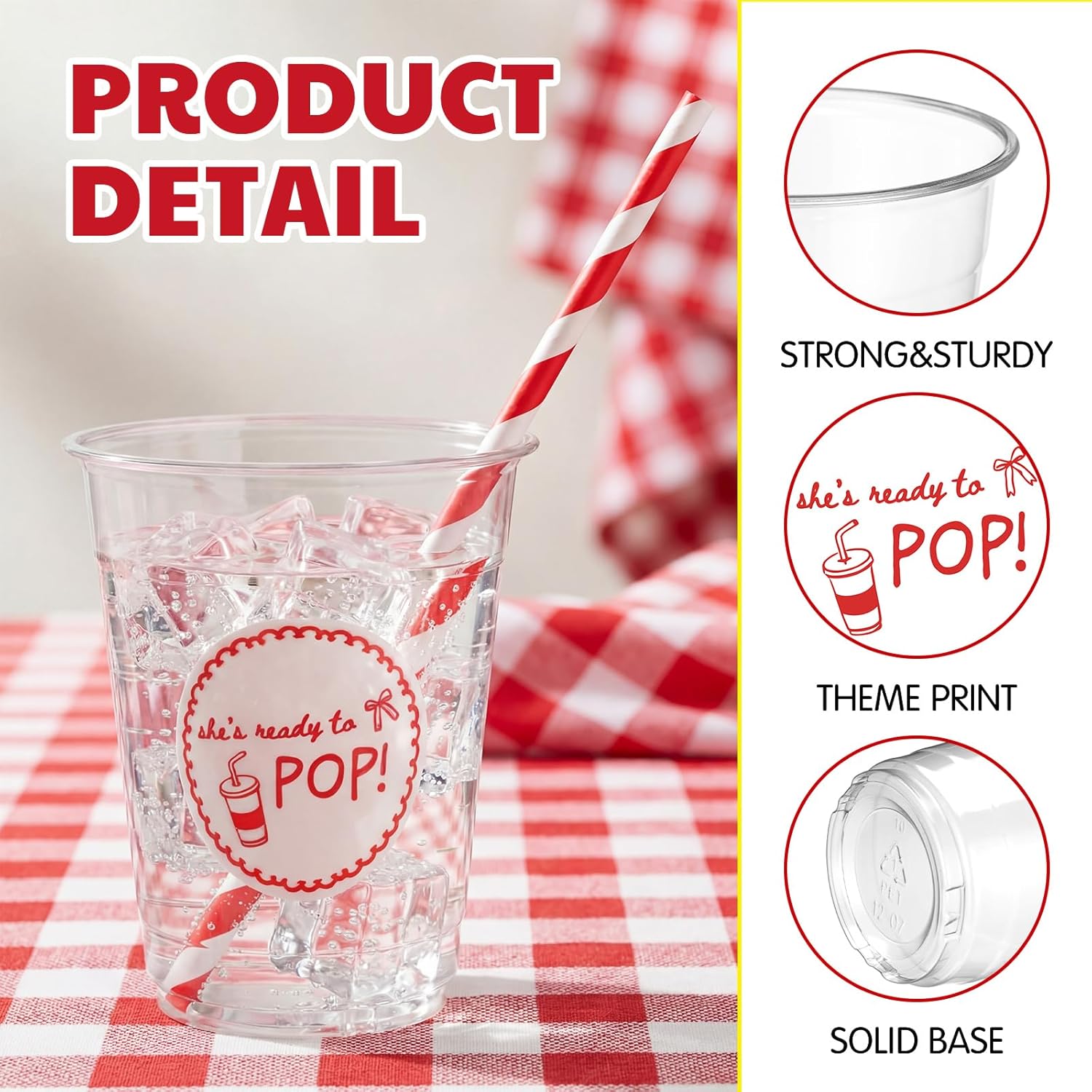 She's Ready to Pop Baby Shower 12 oz Disposable Plastic Cups with Straws for Soda Theme Boy or Girl Gender Reveal Pregnancy Announcement Newborn Bachelorette Party Supplies(100pcs)