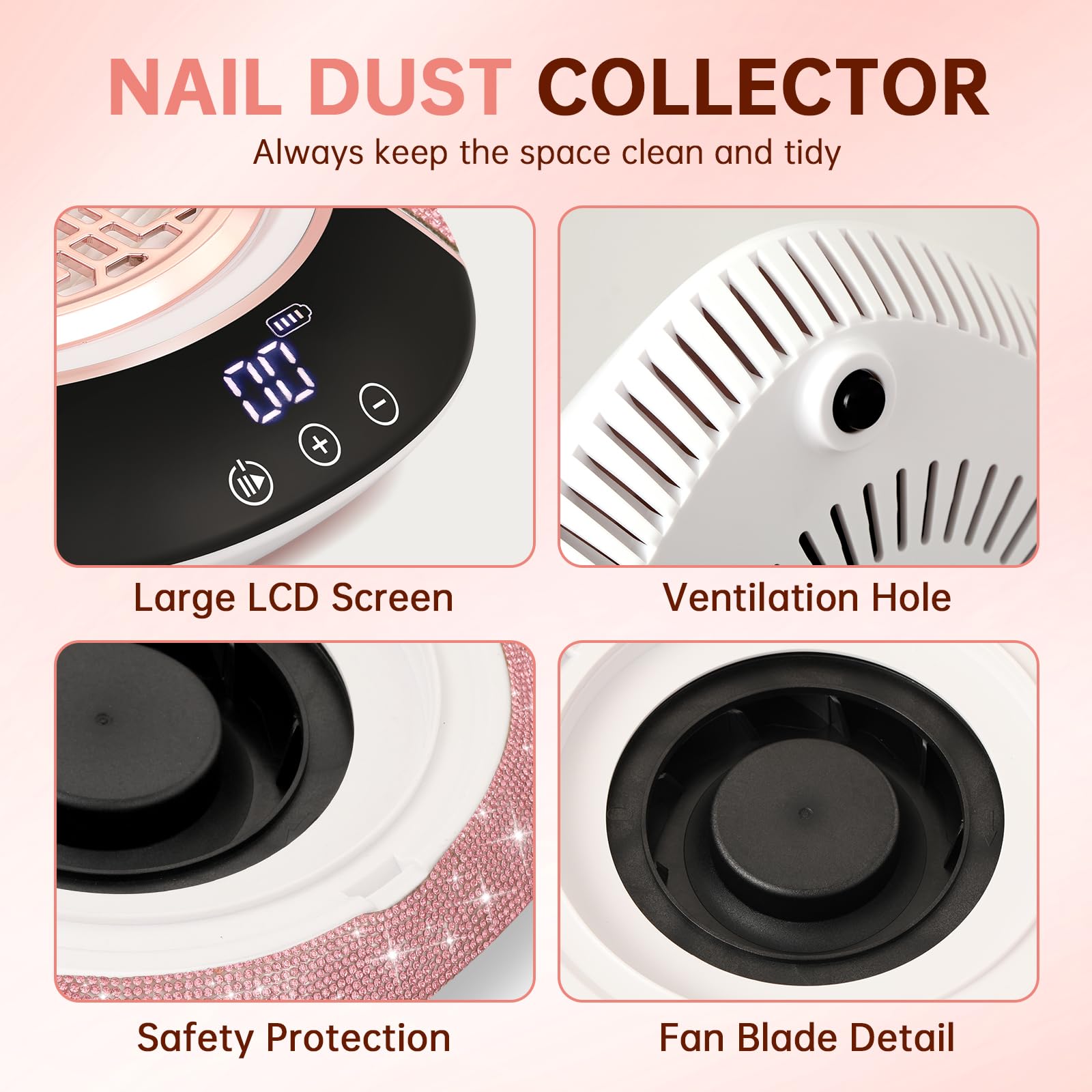 Aspirador De Polvo para Uñas Inalámbrico Potente, Extractor De Polvo De Manicura para Uñas De Gel Y Acrílico, Máquina Portátil para Salón Y Casa AB Diamond B-Pink Diamond