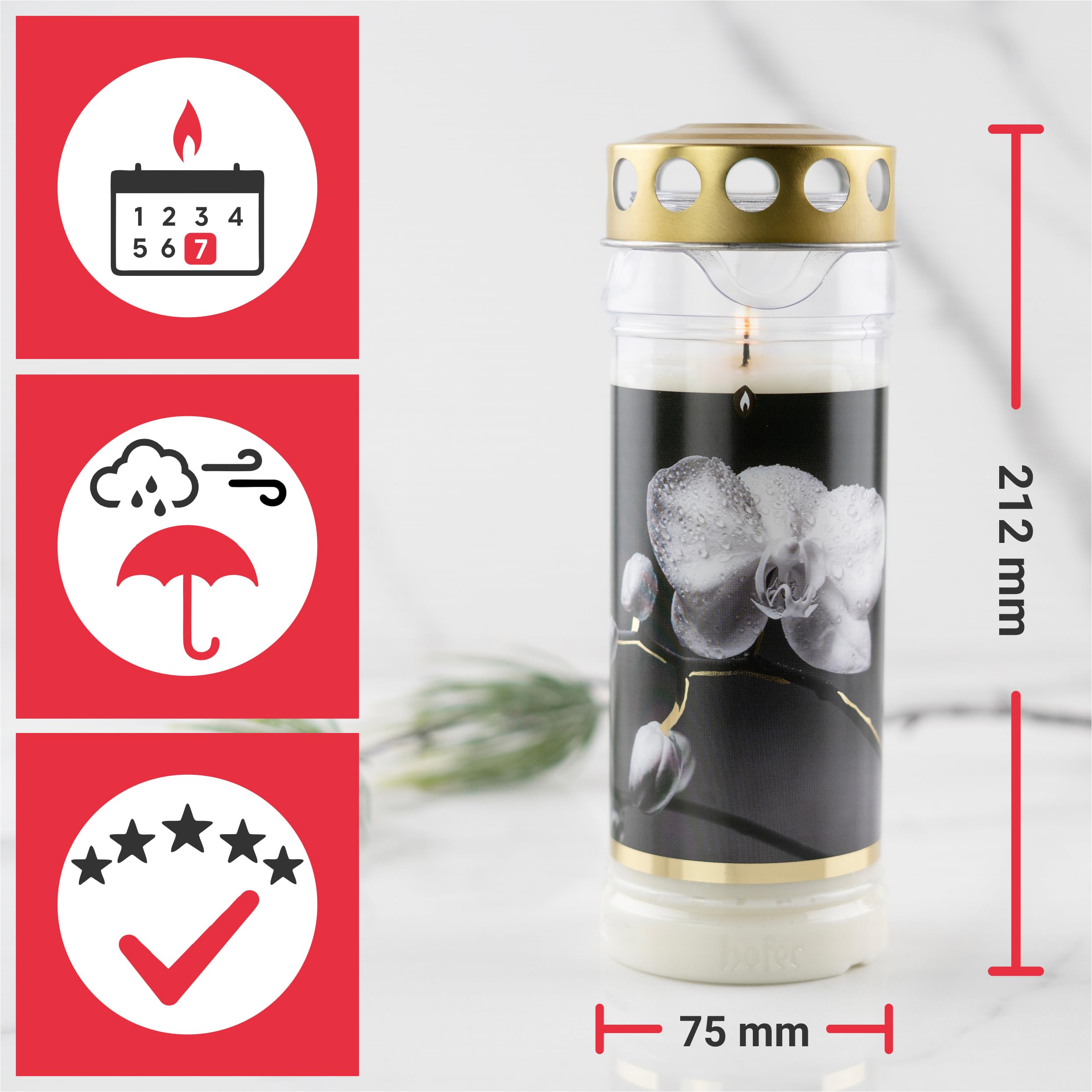 Set di 6 candele Hofer, durata 7 giorni – L'originale [Gold Select] resistente alla pioggia, candele con coperchio, luce per cimitero con motivo | decorazione funeraria