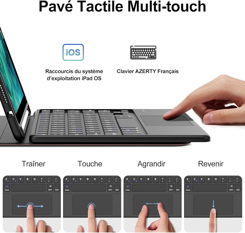 FOGARI iPad Billentyűzet Tok Trackpaddal - Vezeték Nélküli Leválasztható AZERTY Billentyűzet iPad 9/8/7, Air 3, Pro 10.5 Modellekhez, Ceruza