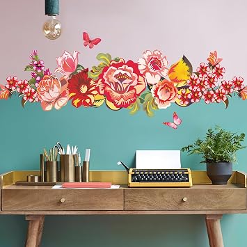 Red Peony Wall Decals - Watercolor Peony Flowers with Vines & Butterflies Peel & Stick Wall Stickers, DIY Removable Floral Wall Art for Living Room, Bedroom, Wedding Decor Corner