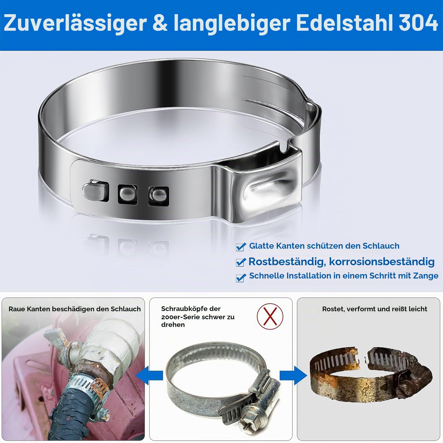 170 Stück Einzelohrschlauchklemmen, 11 Größen(5.8-33.1mm) Stufenlos Schlauchschellen Edelstahl 304 mit Ohrklemmenzange, Kraftstoffleitung Clip Rohrschellen Set für kfz, Haus, Garten