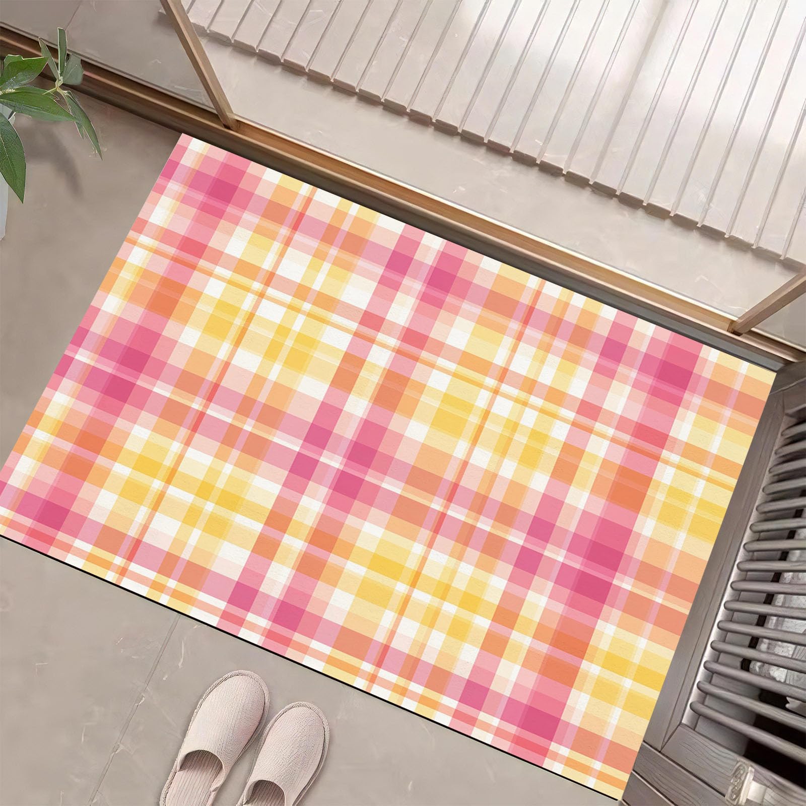 Alfombra para puerta interior de 50X80cm con diseño de cuadrícula de búfalo rosa y amarillo