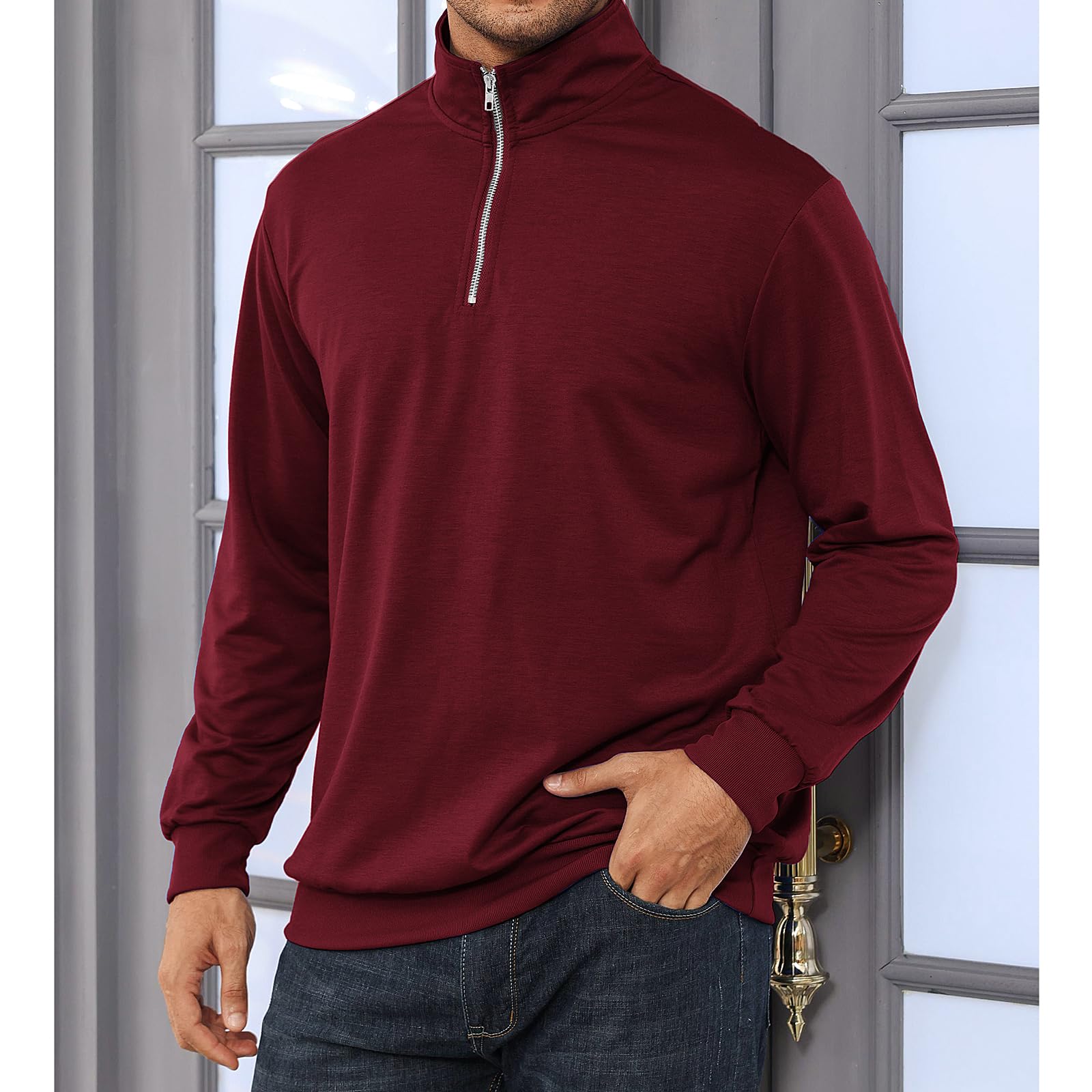 Homme Zip Pull Casual Manches Longues Polo Sweatshirt Sportswear léger Jumper col Rond Basic Top Casual T-Shirt