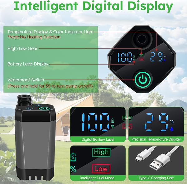 Doccia da Campeggio con Secchio Pieghevole 20L, 6000 mAh Doccia Ricaricabile Portatile con Doppio Display Digitale e Temperatura, Impermeabile IPX7 Doccia Esterna per Spiaggia, Auto, Animali, Giardino - 3