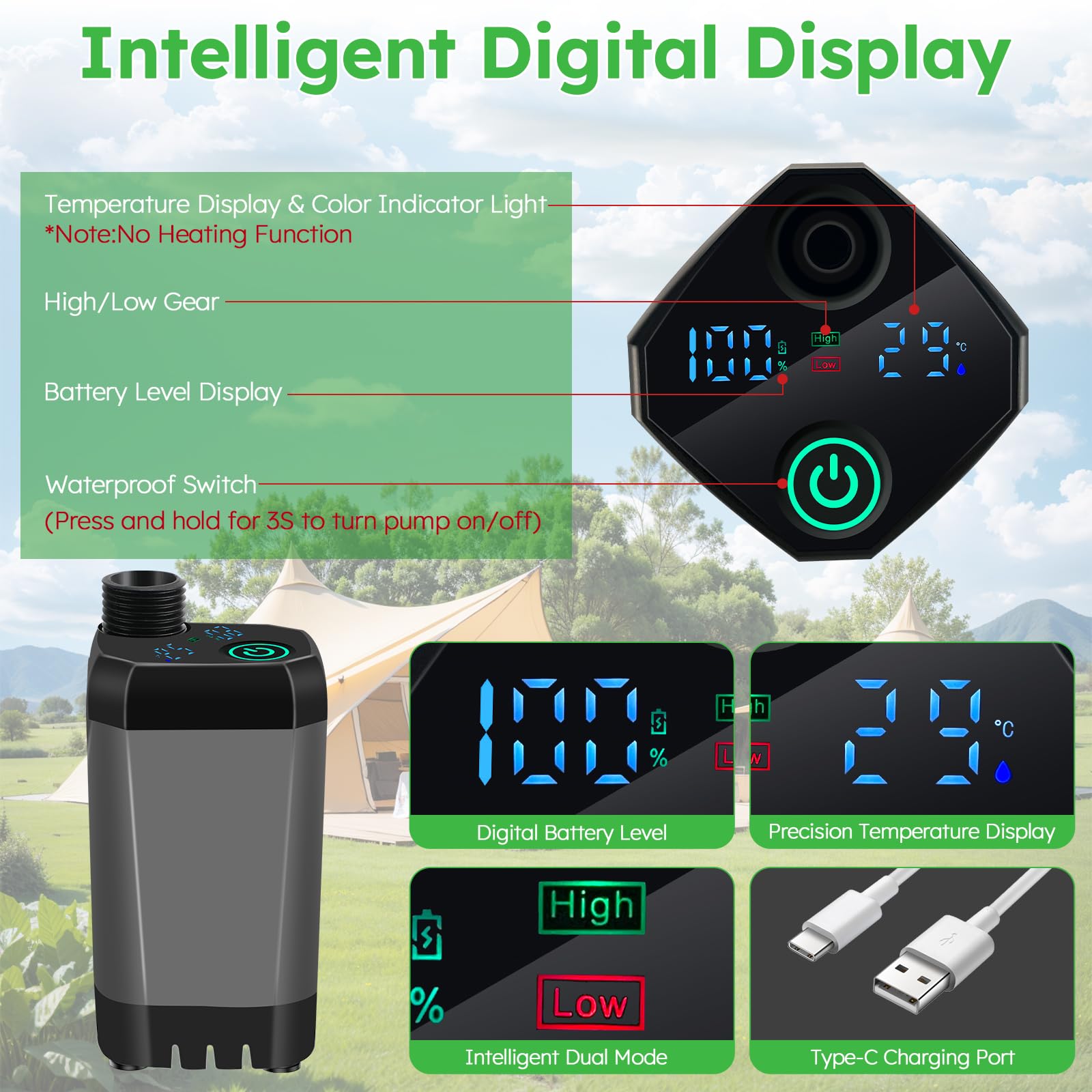 Doccia da Campeggio con Secchio Pieghevole 20L, 6000 mAh Doccia Ricaricabile Portatile con Doppio Display Digitale e Temperatura, Impermeabile IPX7 Doccia Esterna per Spiaggia, Auto, Animali, Giardino