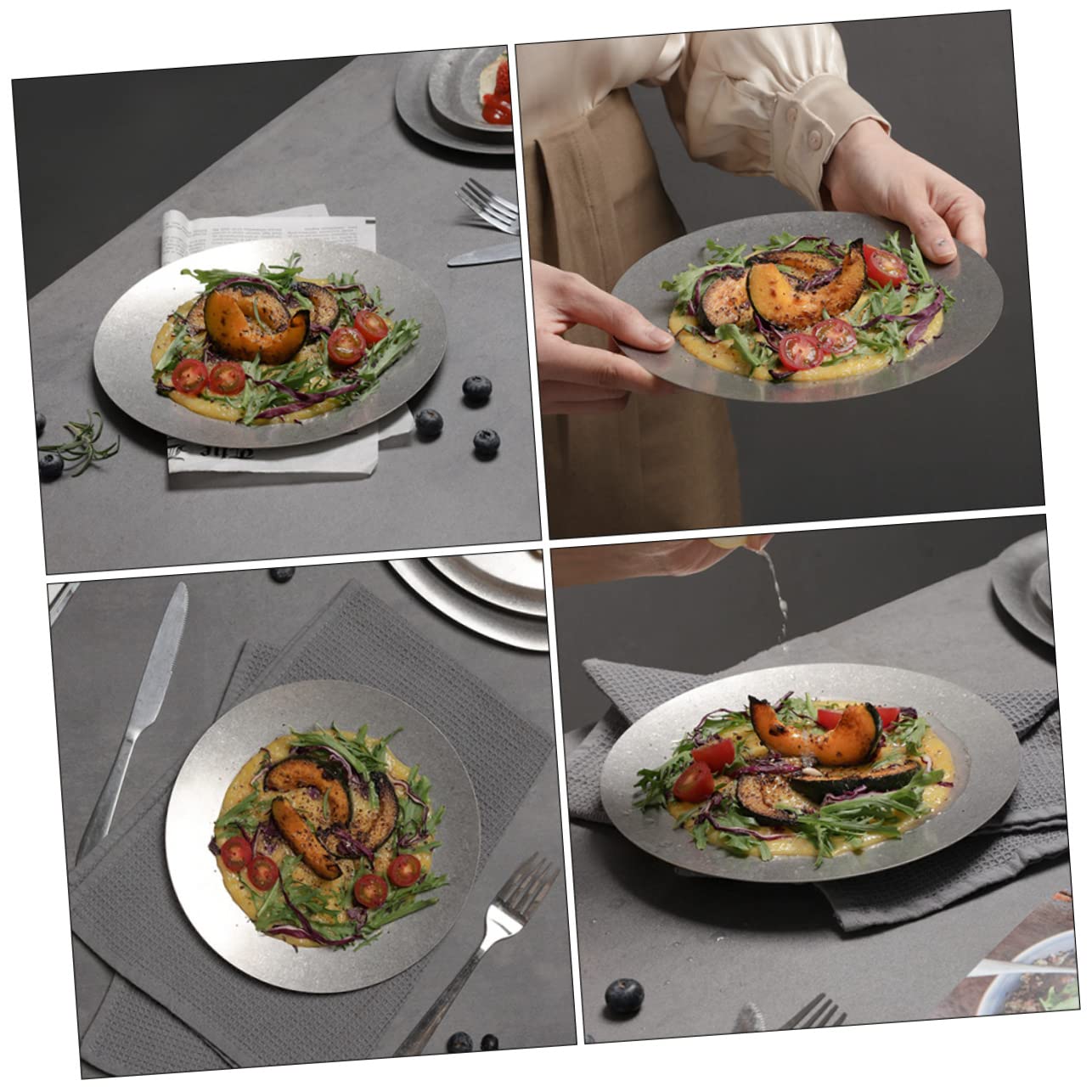 SOLUSTRE Multifunctional Stainless Steel Western Food Plate Vintage Design Resistant Dinner Plate for Home Restaurant Outdoor Camping Use